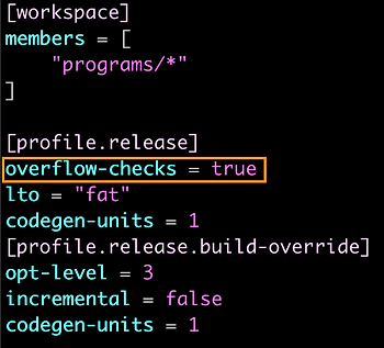 cargo.toml overflow-checks key set to true