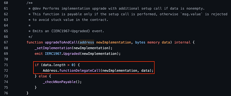 Open Zeppelin's UUPS upgradeToAndCall function code snippet with a red box highlighting the if(data.length>0) conditional statement” /></p>
<p>This function was protected by an <code>onlyOwner</code> modifier and intended to be executed only by the “rightful owner”. However, it could also be executed by the owner of the implementation contract.</p>
<p>Modifying the implementation’s storage wasn’t the issue. However, the owner could now delegatecall to a contract containing a selfdestruct opcode. This action would erase the implementation contract’s code, preventing the proxy from migrating to a new implementation. Essentially, this vulnerability could potentially lock millions of dollars in assets within the proxy indefinitely.</p>
<p>Any proxy using these library versions of UUPS, whose implementation contracts had not been “initialized,” were at risk. Anyone could execute the initialization function, become the owner, and execute a delegatecall to a contract with a selfdestruct opcode.</p>
<h3>Original mitigation to attackers taking ownership of unitialized implementation contract</h3>
<p>To mitigate this problem, the first recommendation from OpenZeppelin’s engineering team was to always “initialize” implementation contracts using a constructor together with the initializer modifier, as follows.</p>
<pre><code class=