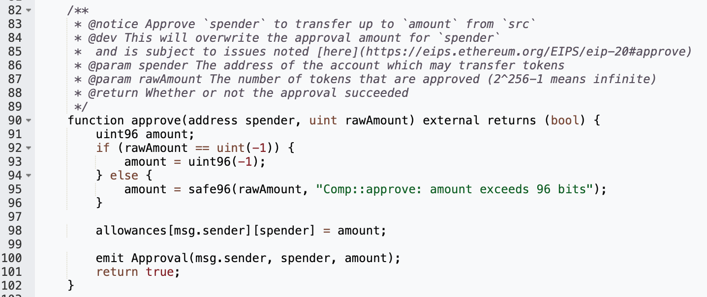 screenshot of approve() with natspec on etherscan