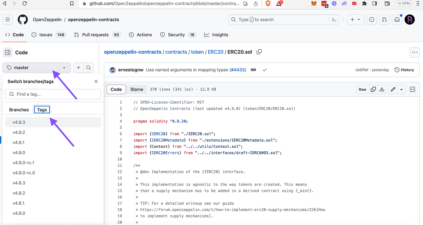 github screenshot showing the version