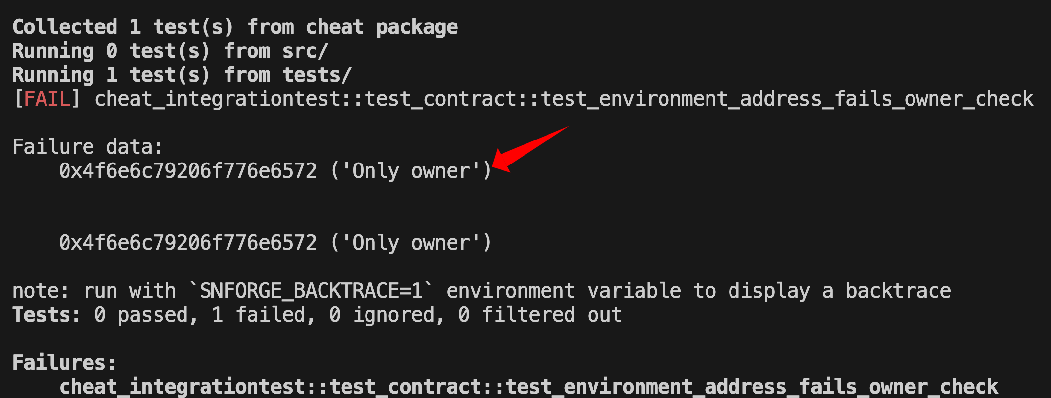 A failed test highlighted
