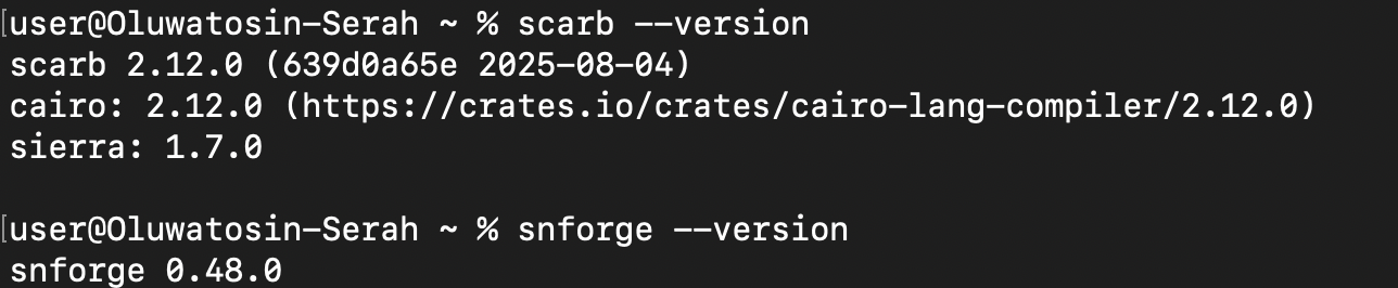 A terminal showing the scarb and snforge version commands being run