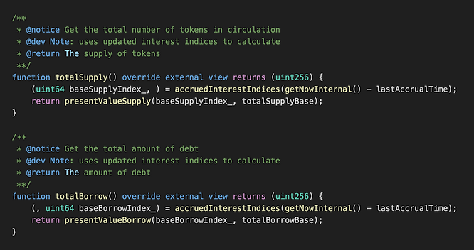 totalSupply() and totalBorrow() functions