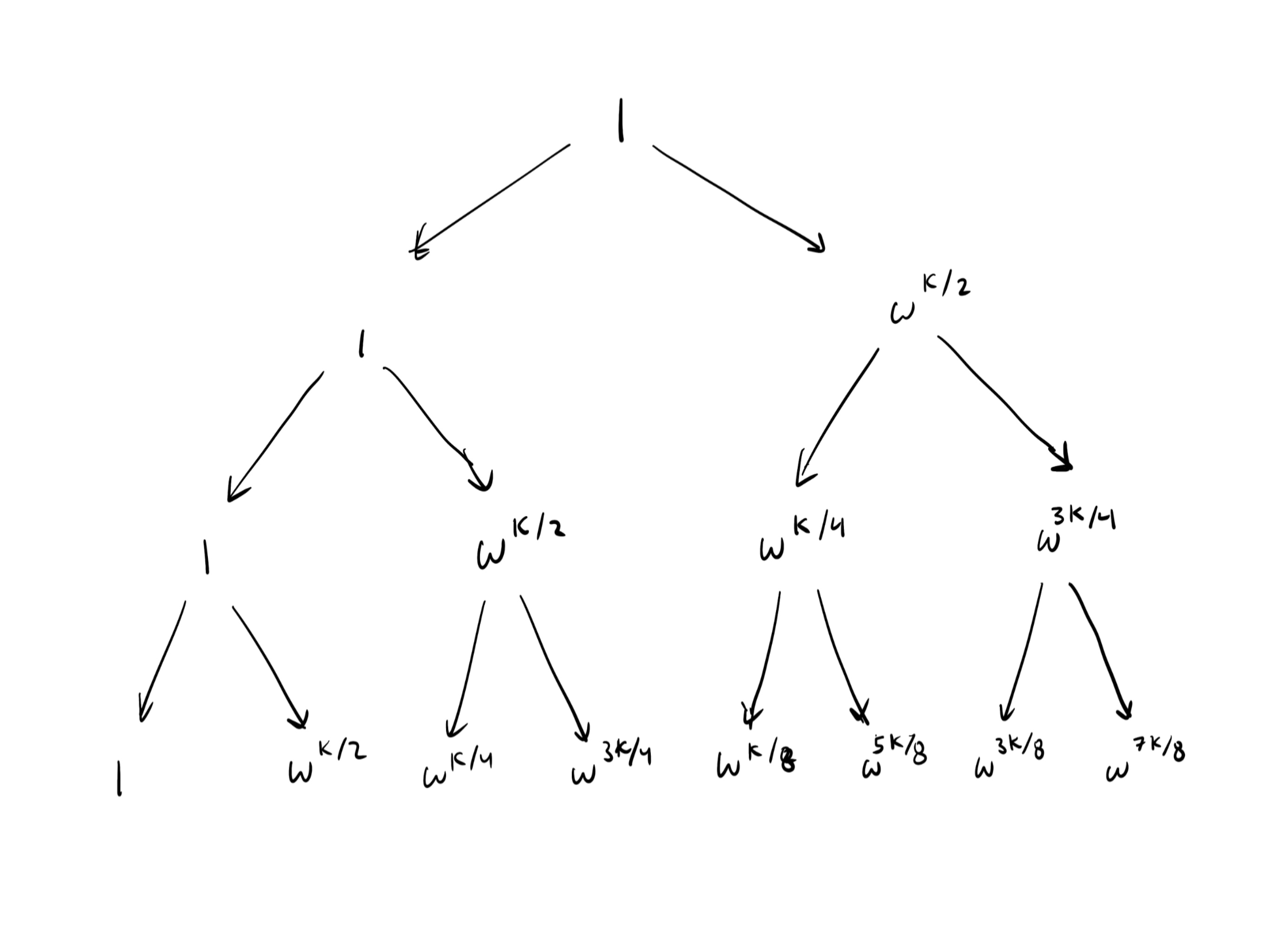 A binary tree showing the recursive square root of 1 for the k-th roots of unity