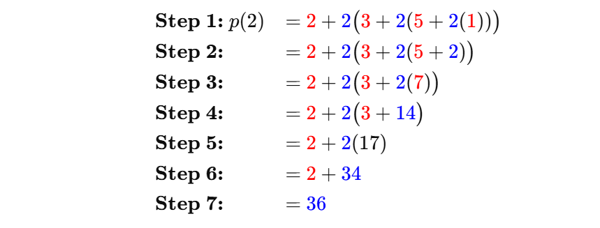 Step-wise multiplication using Horner’s method with alternative multiplication and addition operations.