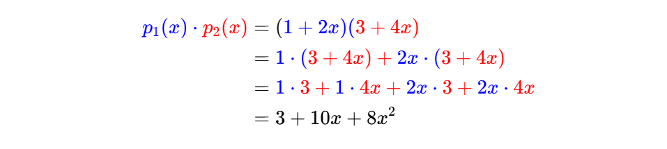 Step-wise multiplication of p1(x) and p2(x) by distribution of multiplication over addition.