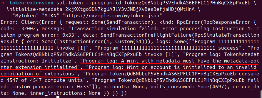 A screenshot of the terminal illustrating what would happen if we initialize the metadata extension without running `--enable-metadata` in the earlier command`
