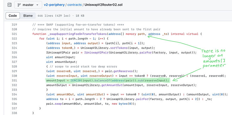 uniswap v2 router supporting fee on transfer tokens
